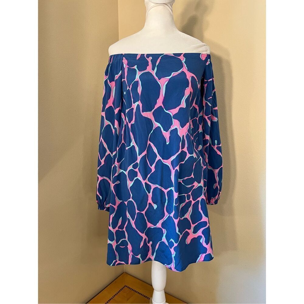 Lilly Pulitzer Blue Off Shoulder Silk Adira Dress in Tiki Pink Broken Shaker XXS